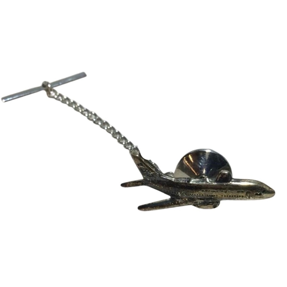 Vintage Sterling Silver Plane Airplane Tie Tack with Chain Men's Pin